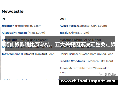 阿仙奴昨晚比赛总结：五大关键因素决定胜负走势