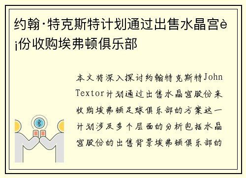 约翰·特克斯特计划通过出售水晶宫股份收购埃弗顿俱乐部